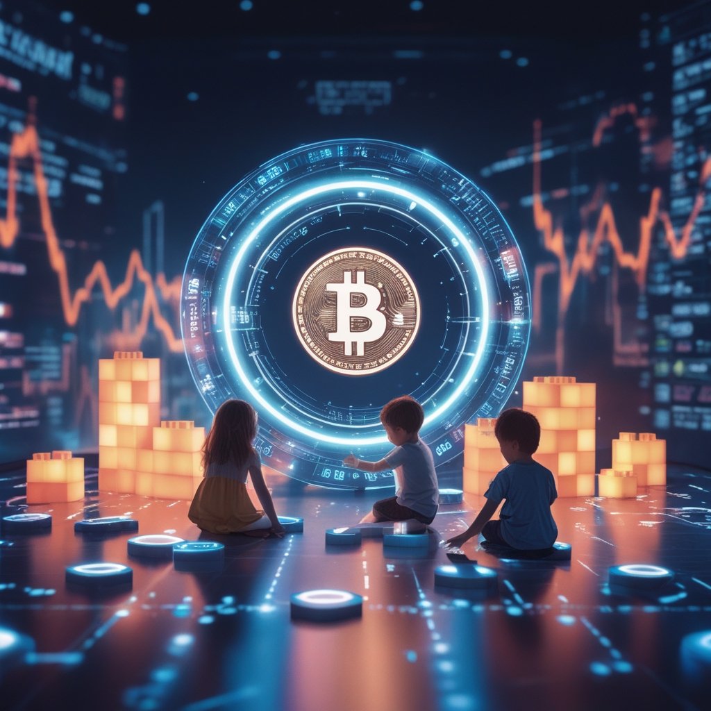 crypto on-chain activity: A colorful illustration of children playing with digital building blocks, representing a blockchain playground.