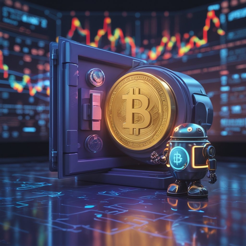 crypto regulation: A colorful picture of a big safe with a padlock, and a friendly robot holding a coin