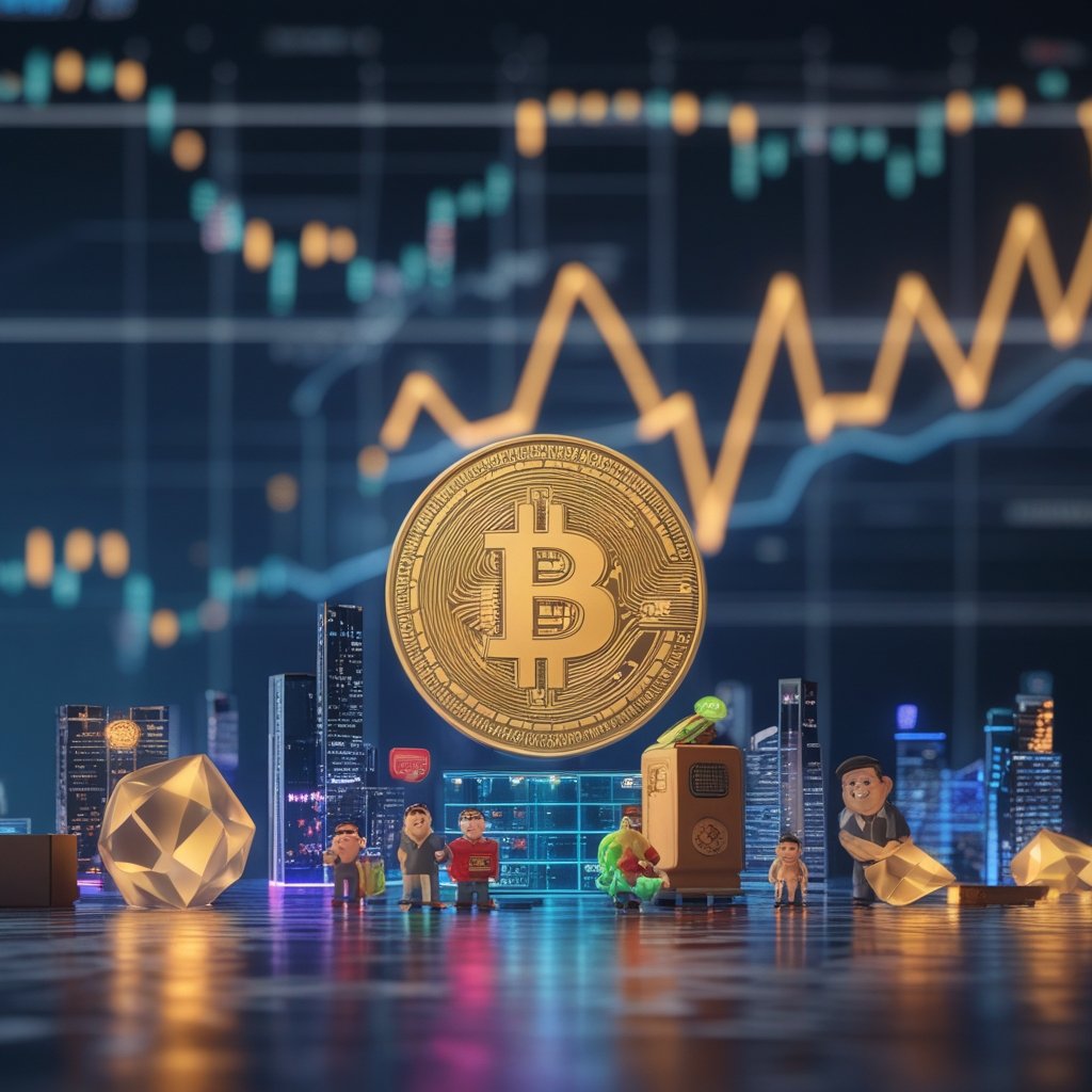 crypto regulation: A friendly cartoon city with a glowing notebook in the middle, and happy people trading toys