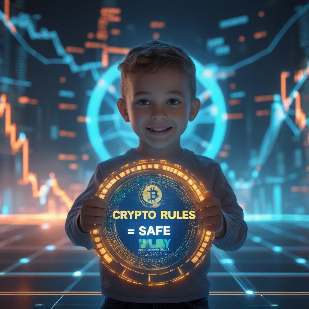 crypto regulation: A happy child holding a sign that says 'Crypto Rules = Safe Play!'