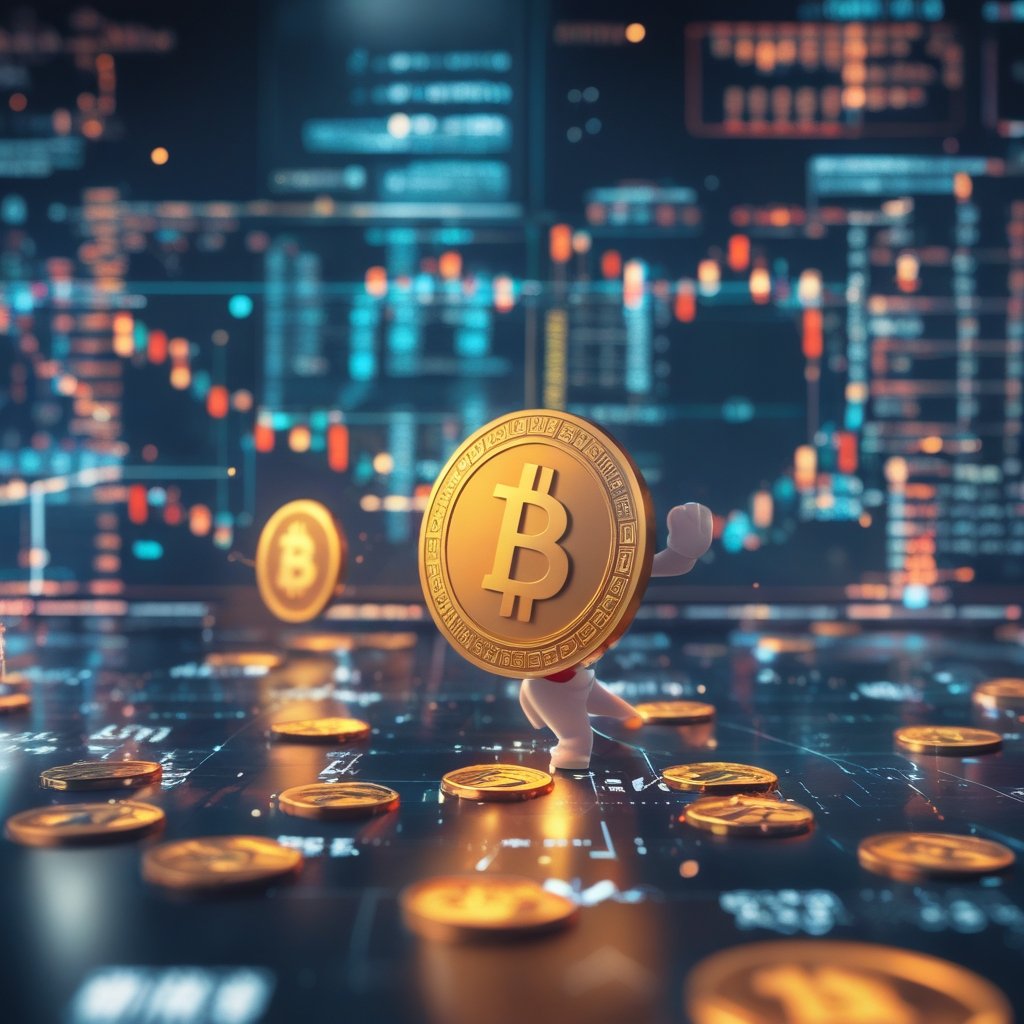 crypto sell-off december: A cartoon showing a happy digital coin jumping up while other coins watch in surprise