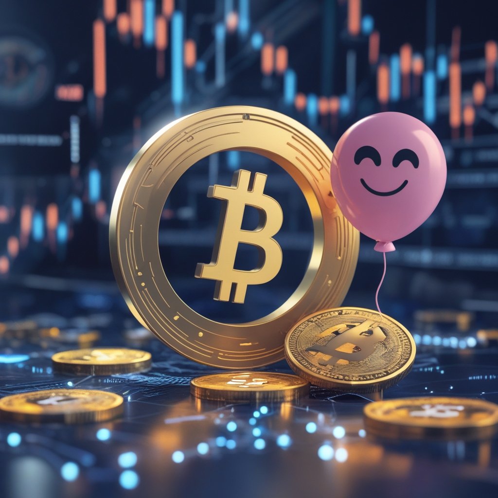 crypto sell-off december: A cartoon showing a sad digital coin next to a happy gold coin, with a balloon representing stocks going up