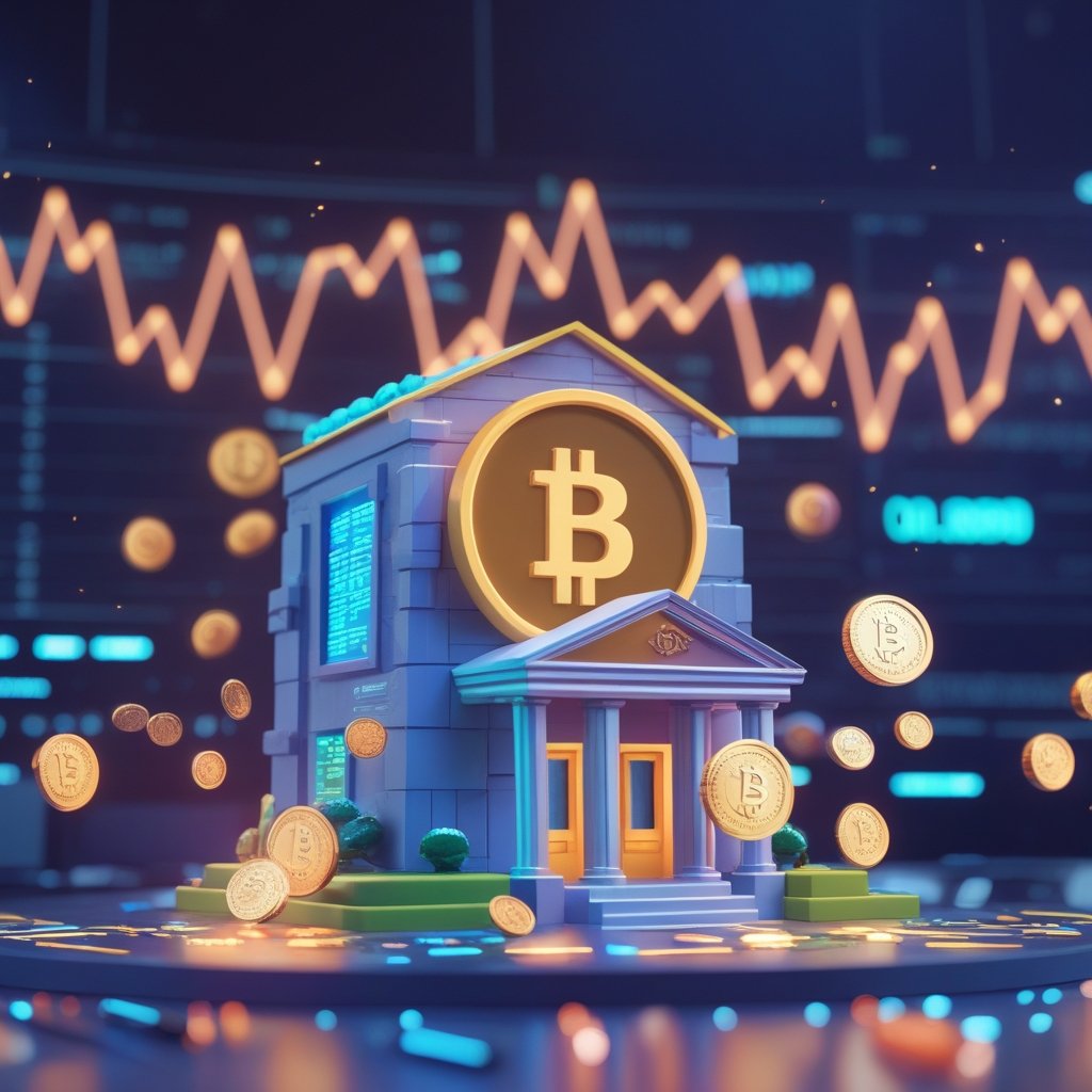 crypto trust charters: A friendly cartoon bank building with a computer and digital coins floating around it, simple and colorful for kids