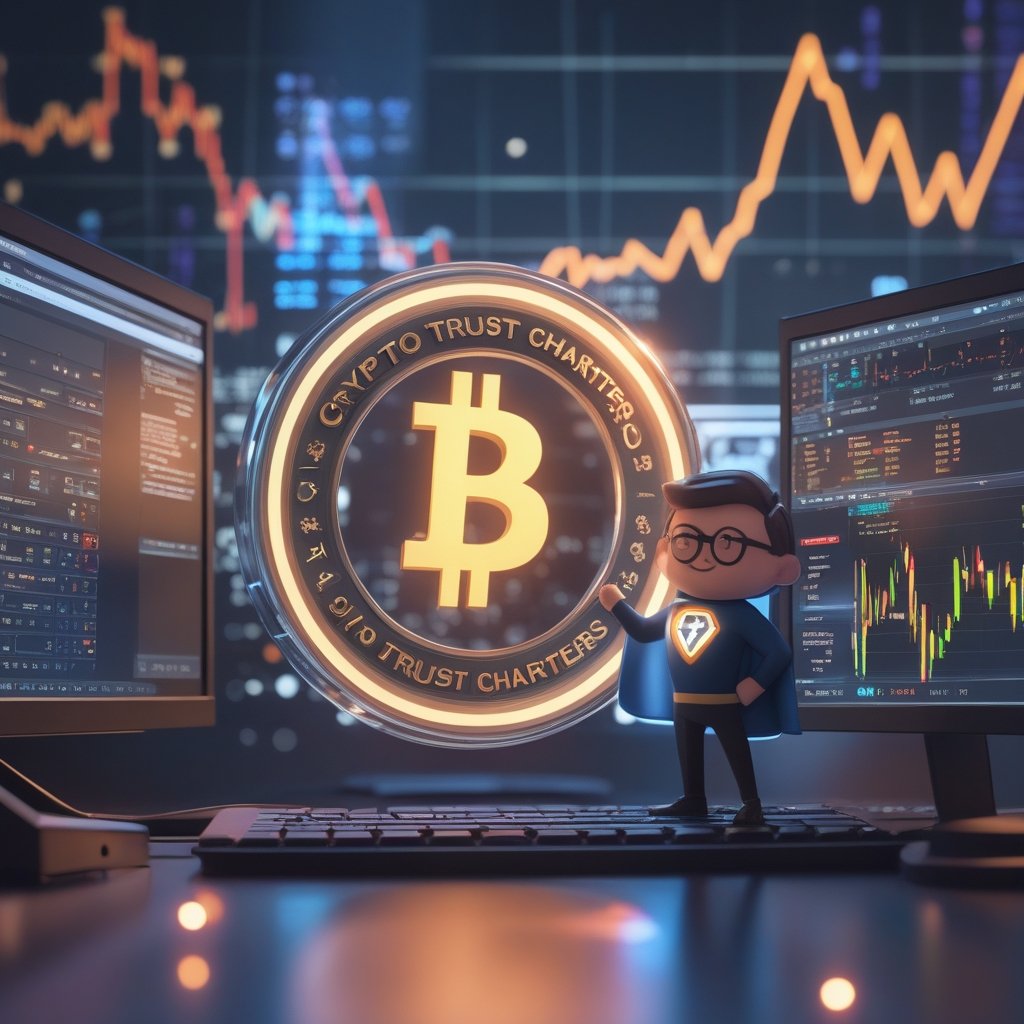 crypto trust charters: A friendly cartoon of a bank regulator as a superhero with a shield, standing next to a computer with crypto symbols