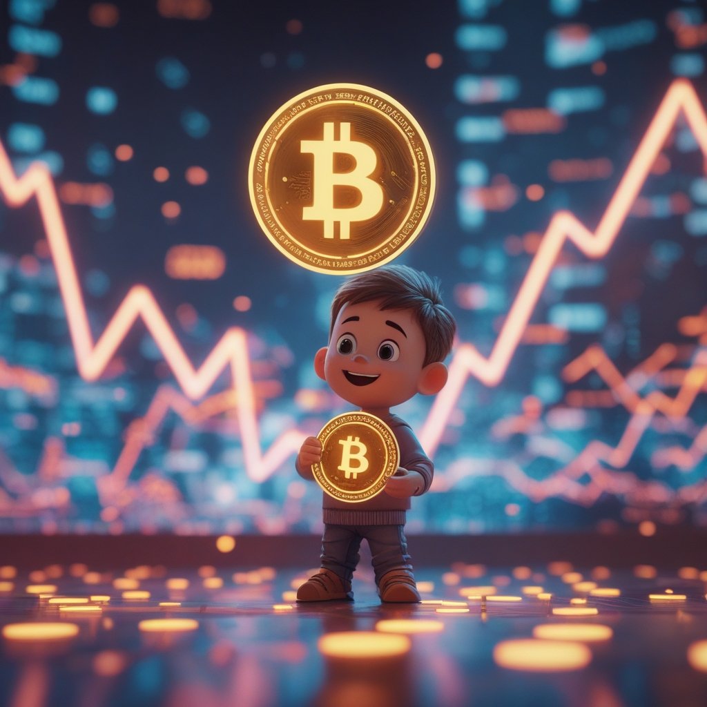 crypto trust charters: A happy cartoon of a child holding a digital coin, with a bright future background