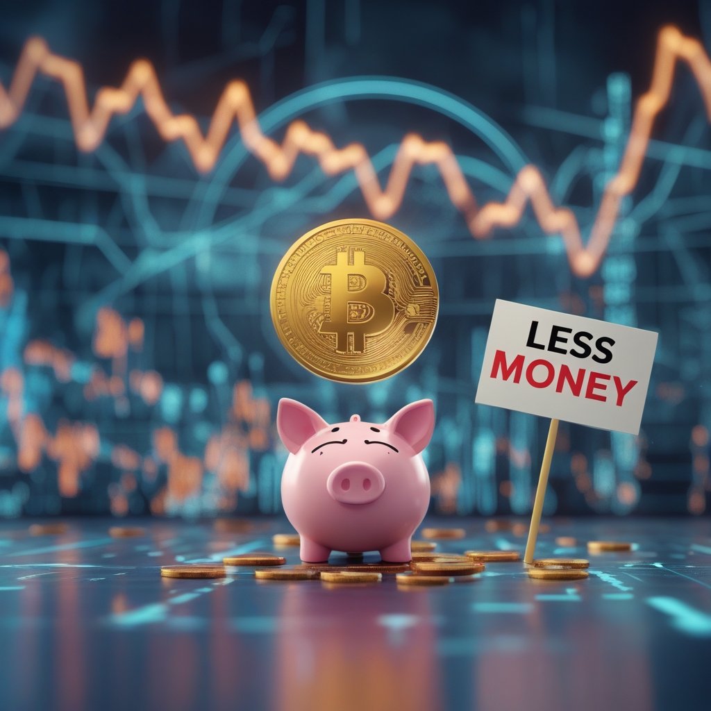 crypto venture funding: A cartoon showing a piggy bank with a sad face, surrounded by a few coins and a big sign that says 'less money'