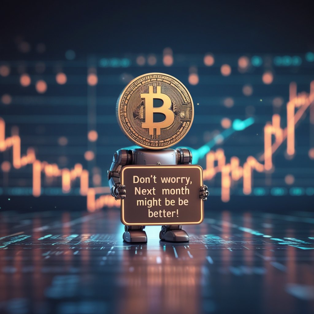 crypto venture funding: A friendly robot holding a sign that says 'Don't worry, next month might be better!'