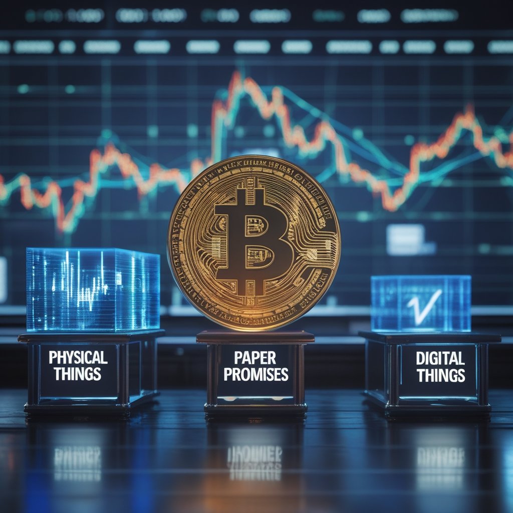 cryptocurrency ownership: A classroom with three boxes labeled 'Physical Things', 'Paper Promises', and 'Digital Things'
