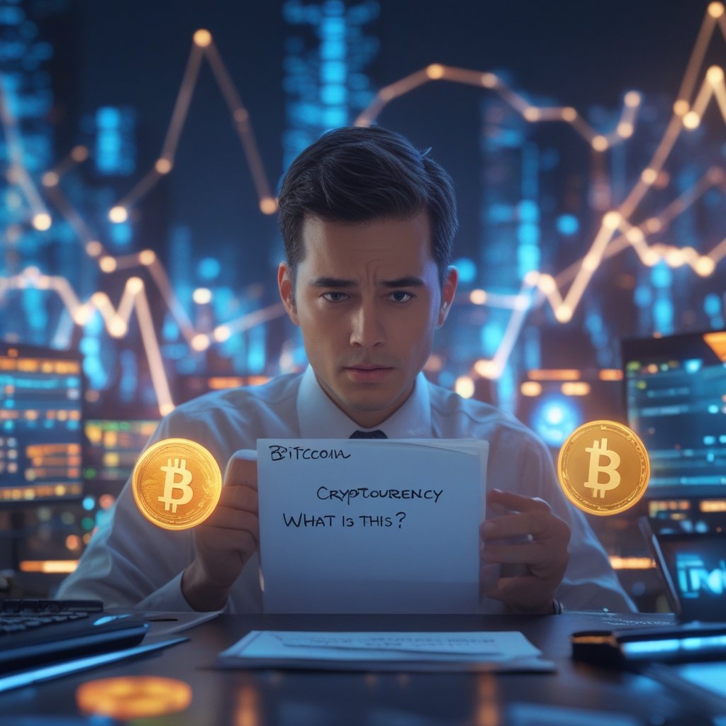 cryptocurrency ownership: A judge looking confused with papers labeled 'Bitcoin', 'Ethereum', and 'What is this?'