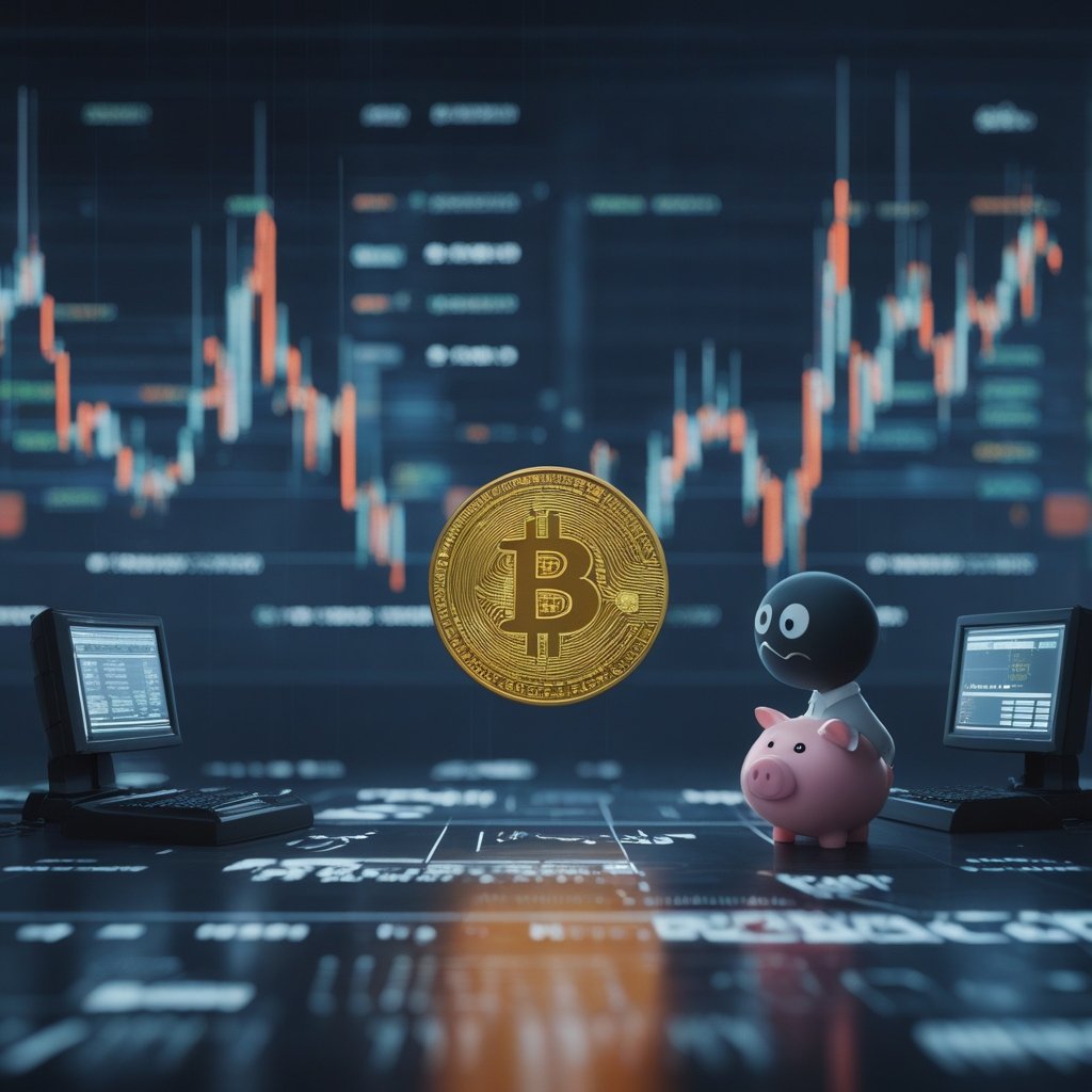 cryptocurrency regulation: A friendly cartoon showing a teacher with a worried face, holding a piggy bank while a shadowy computer tries to take it