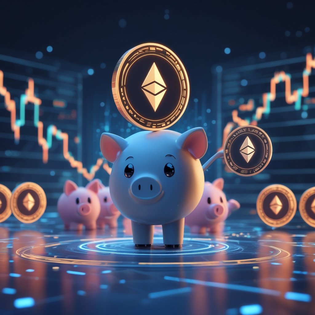 digital asset ETFs: A simple cartoon showing a happy XRP coin with arms and legs, jumping into a piggy bank while other coins look surprised