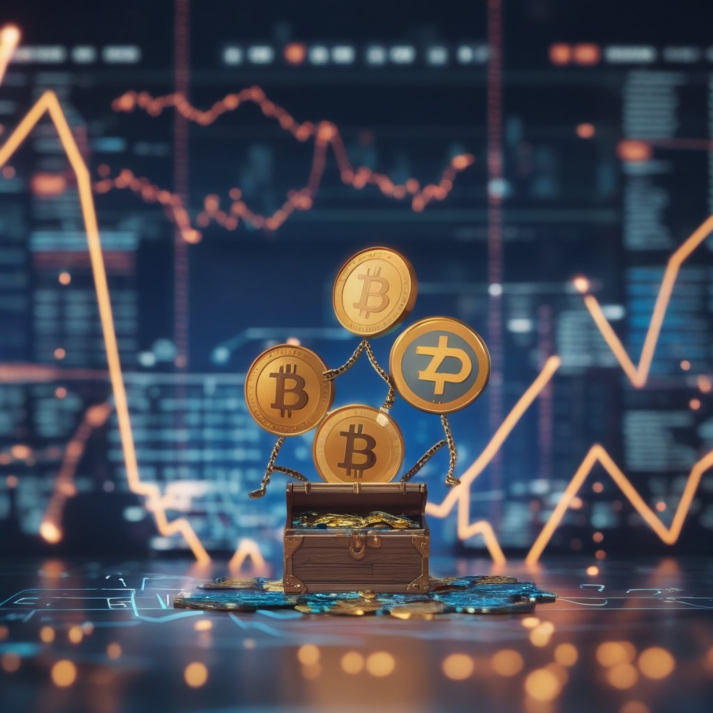 digital asset ETFs: A simple, friendly cartoon showing three smiling coins (Bitcoin, XRP, Chainlink) holding hands and jumping into a treasure chest together