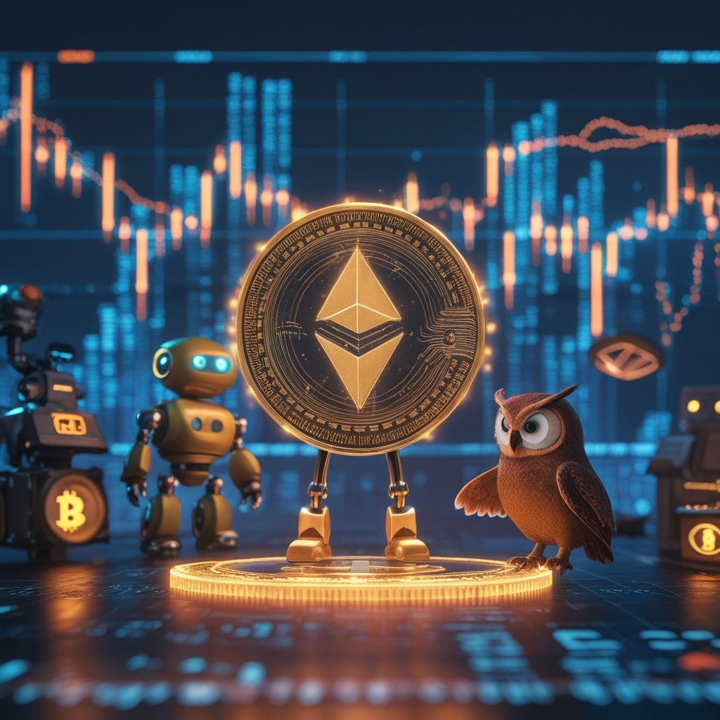 digital asset treasury: A cartoon of a friendly robot and a wise owl talking about treasure chests and clubs