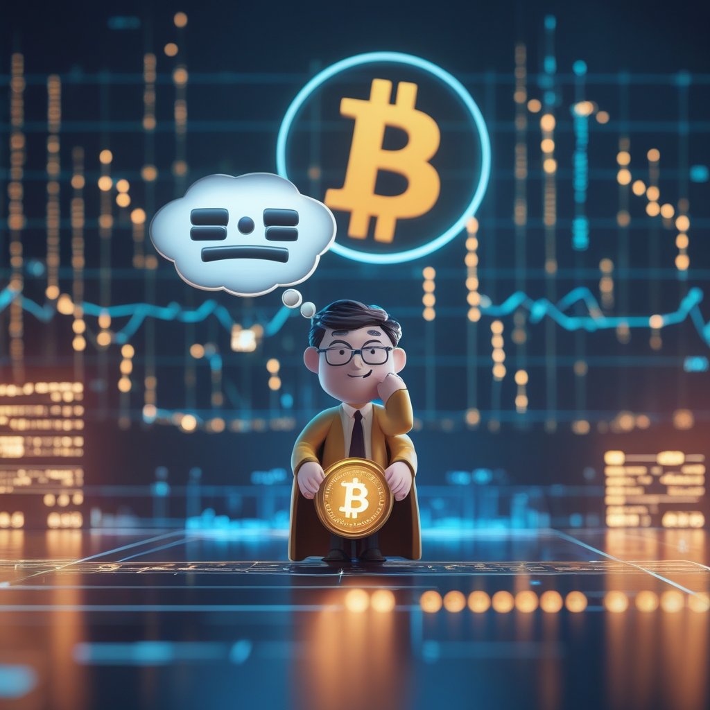 digital asset treasury: A friendly judge character thinking with a big thought bubble