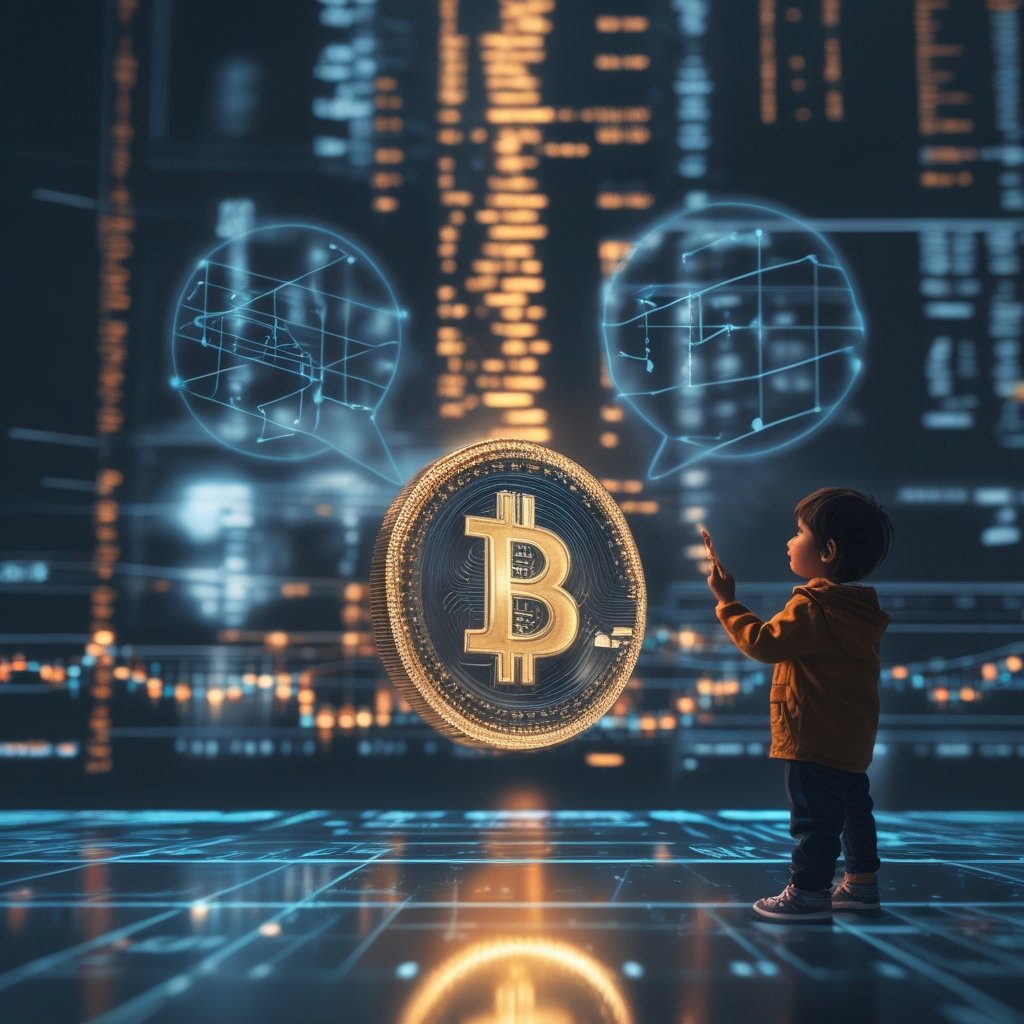 digital asset treasury: A simple drawing of a child explaining to a grown-up with charts and speech bubbles