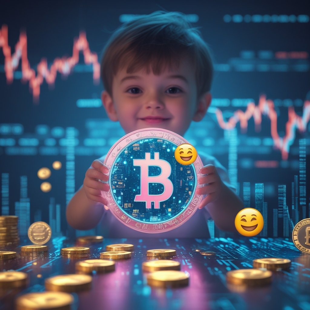 euro stablecoin market: A cartoon child holding a glowing digital Euro coin that looks like a toy, with smiling emojis