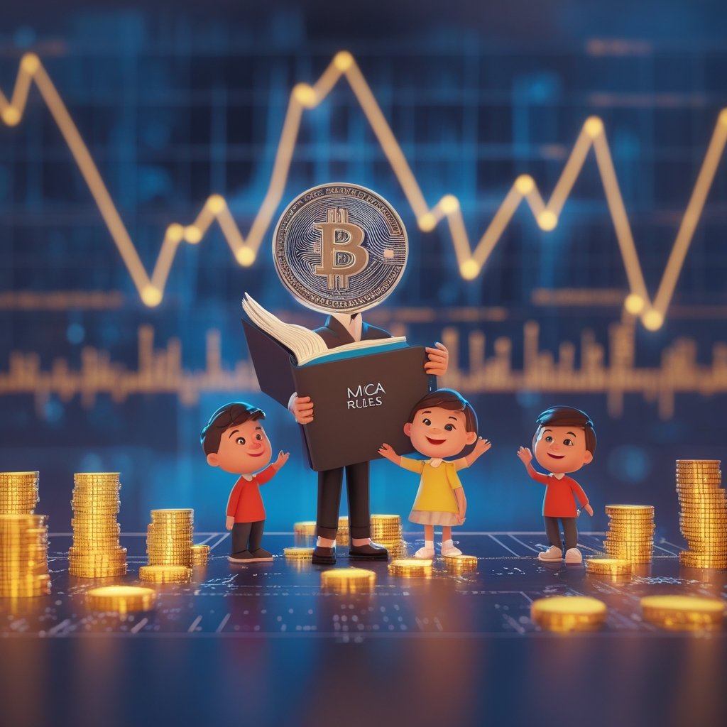 euro stablecoin market: A friendly cartoon teacher holding a big book labeled 'MiCA Rules' while happy children play with glowing coins