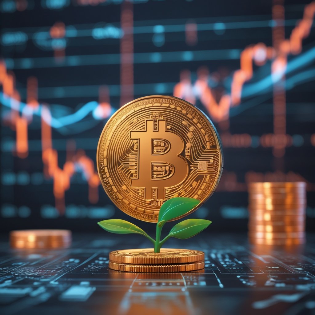 iQ crypto fund: A cartoon Bitcoin growing like a plant with more coins