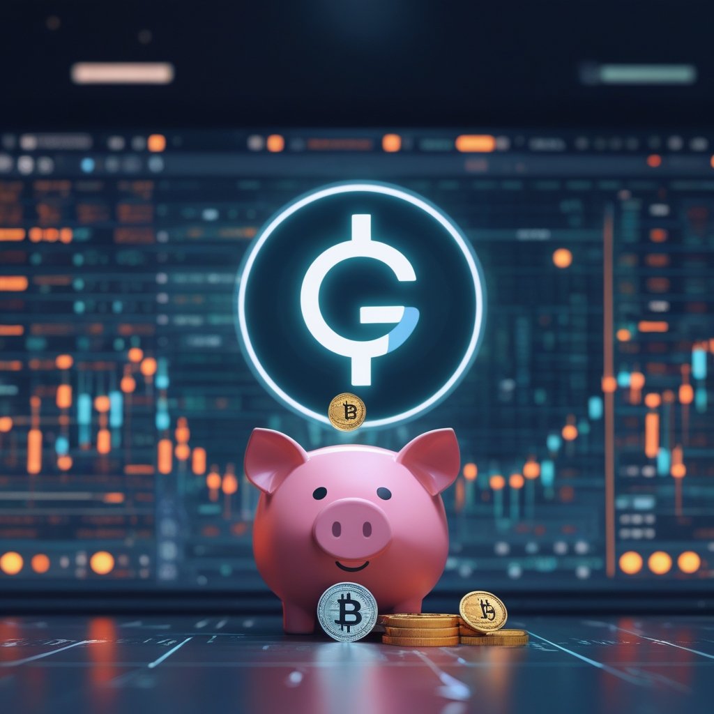 iQ crypto fund: A cartoon piggy bank with a computer and digital coins