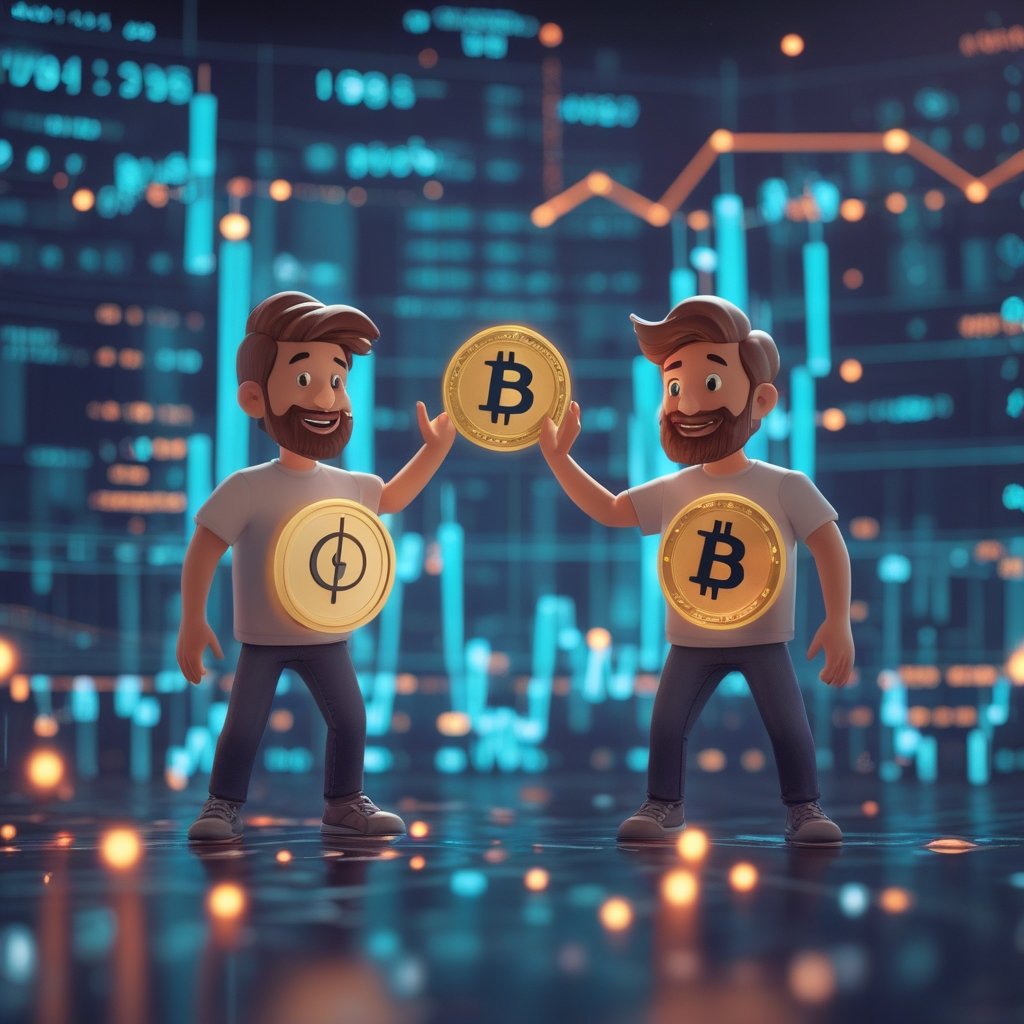 multi-chain stablecoin regulation: Two cartoon friends high-fiving - one holding a USDT coin, the other holding a USDC coin