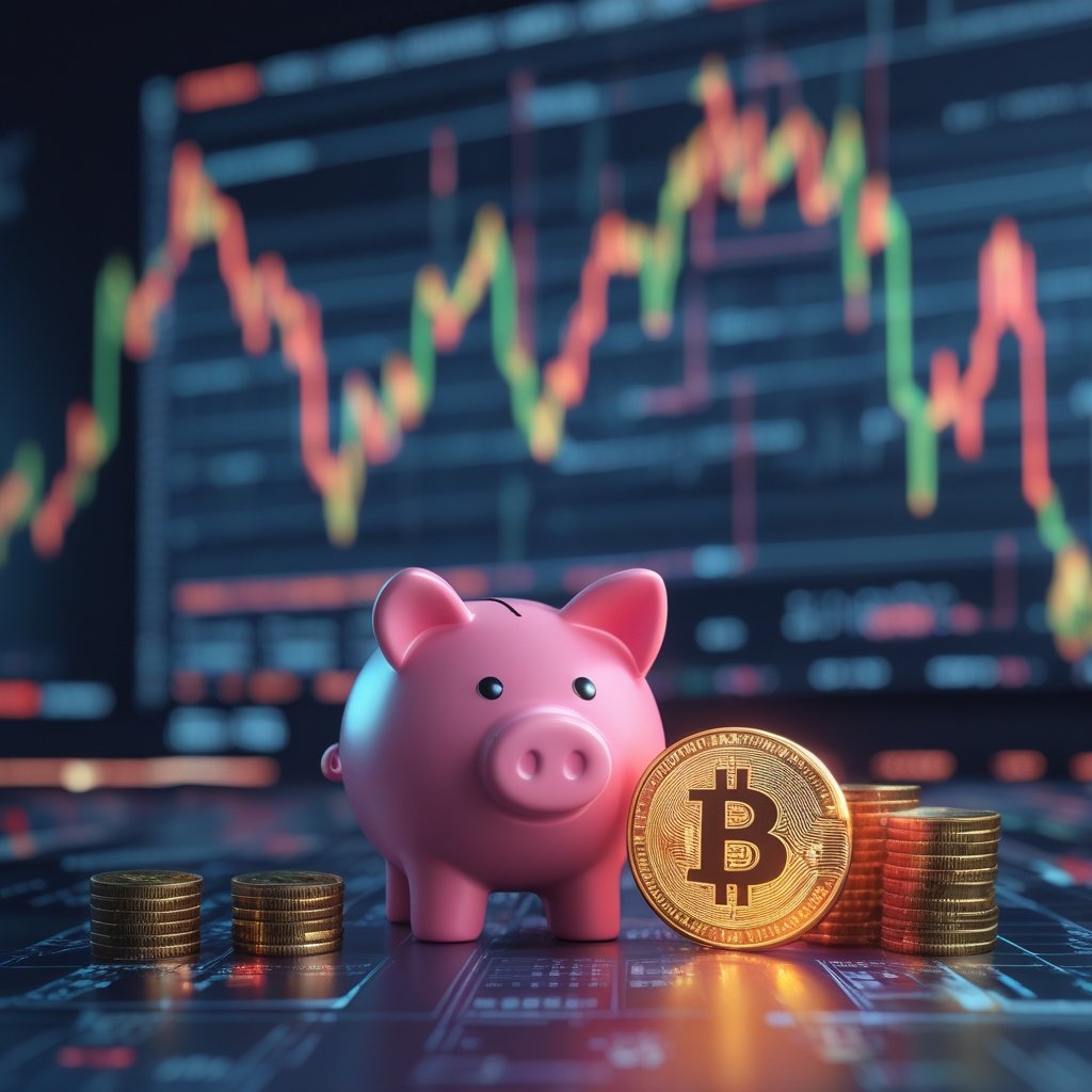 pension risks crypto: A friendly cartoon piggy bank with coins and a glowing digital coin next to it, showing the idea of a pension and crypto.