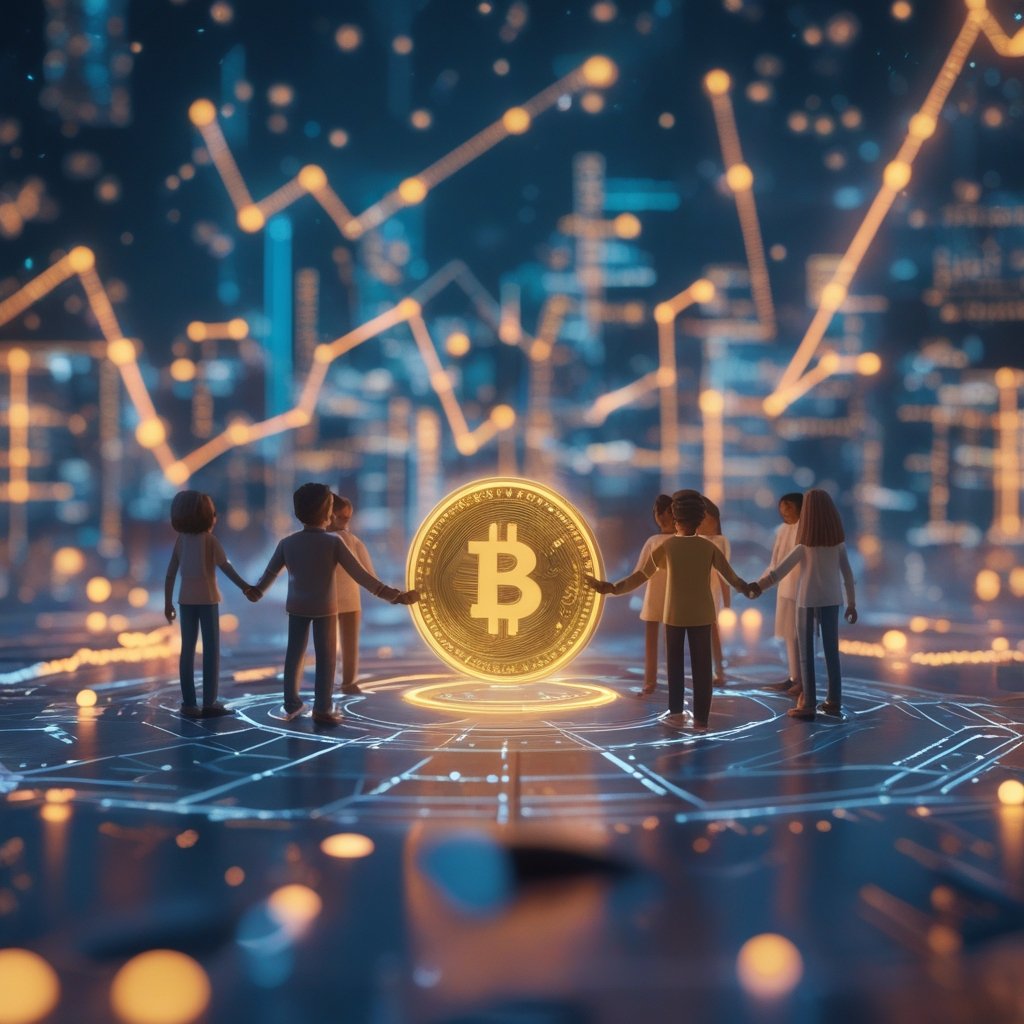 real-world asset tokenization: A group of diverse cartoon characters holding hands around a glowing globe, showing how technology connects people