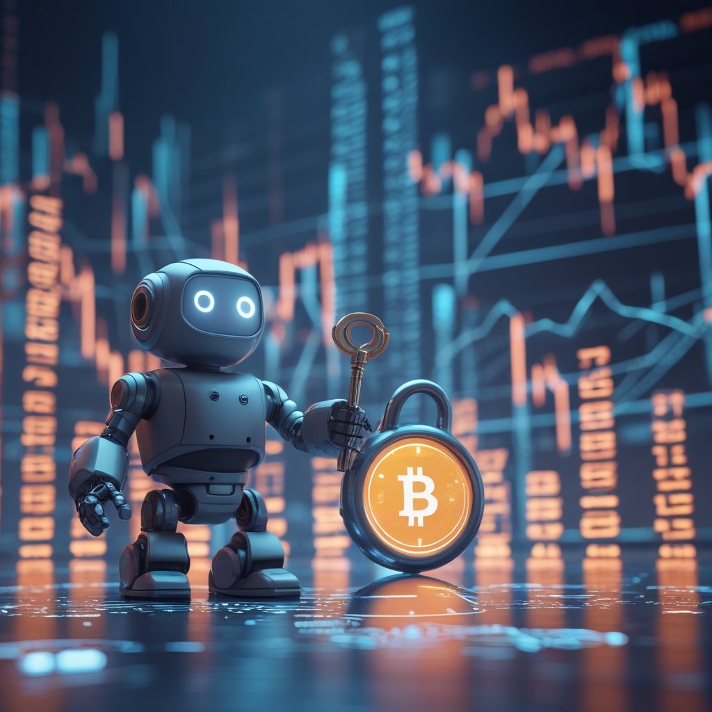 secure messaging: A friendly robot holding a giant key next to a glowing lock