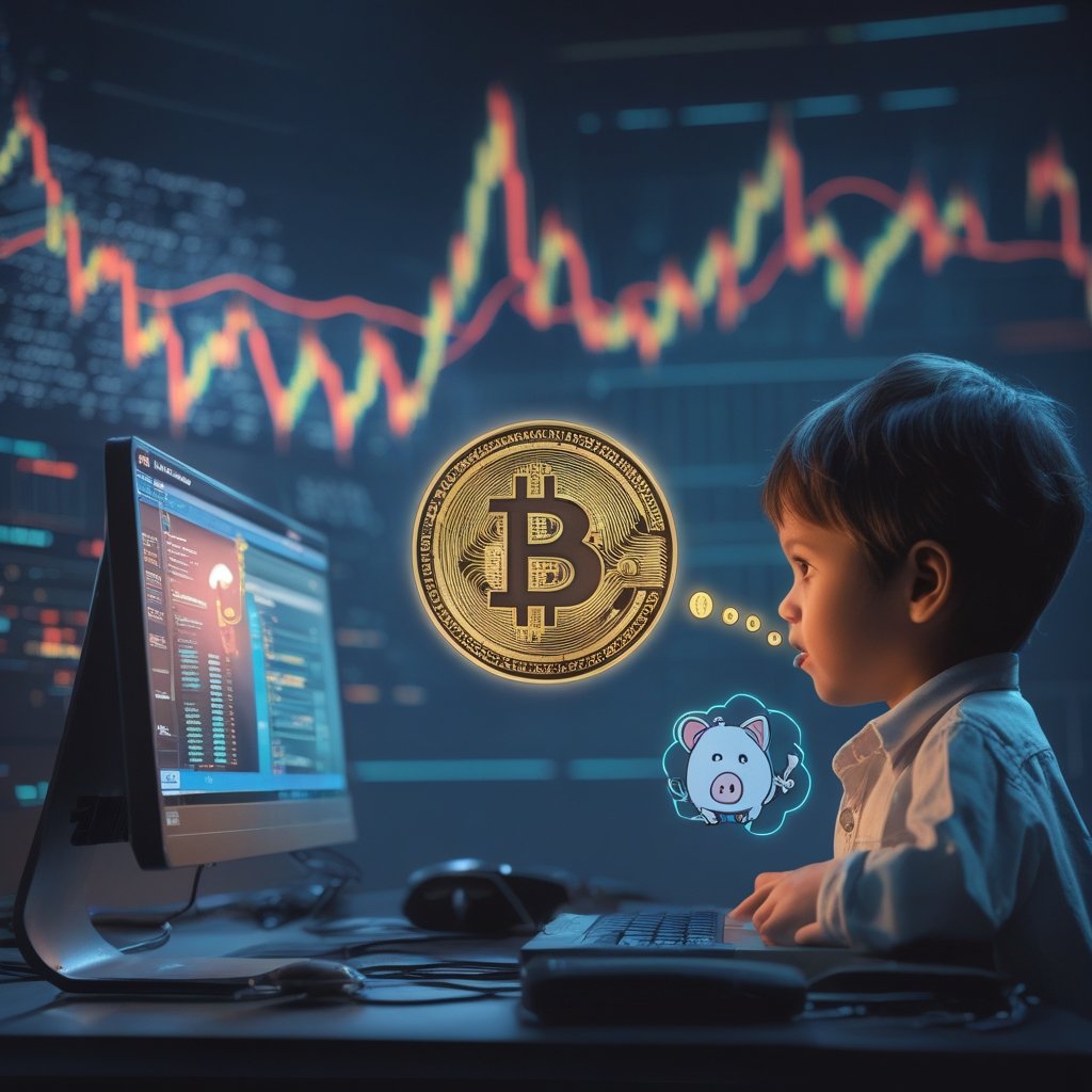 social media traders: A cartoon of a child looking at a computer screen with digital coins, with a thought bubble showing a piggy bank.
