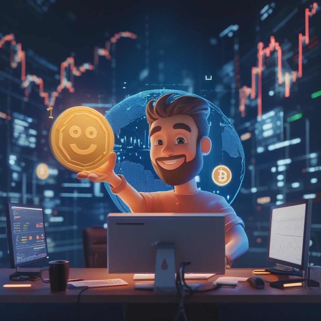 social media traders: A friendly cartoon character on a computer showing digital coins on a screen, with a big smiley face.