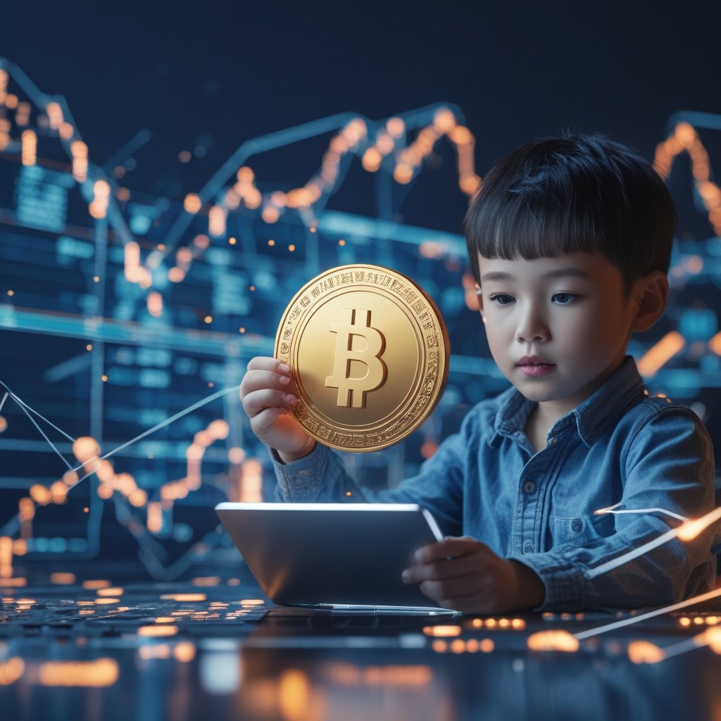 stablecoin debut Taiwan: A child holding a digital coin on a tablet screen
