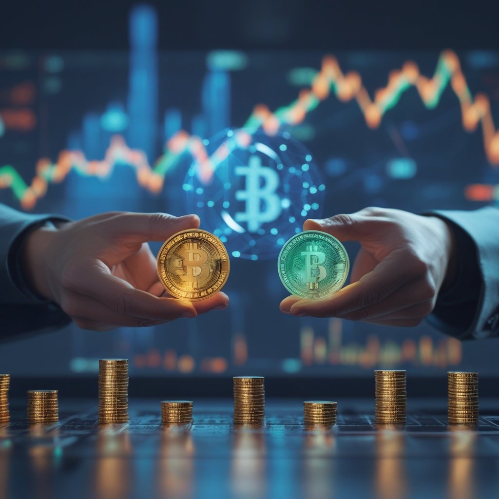 stablecoin debut Taiwan: Two hands holding different colored coins representing Taiwan and US dollars