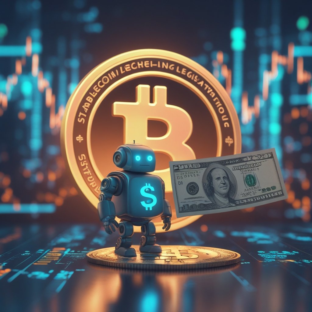 stablecoin legislation: A cartoon of a stablecoin looking like a friendly robot with a dollar sign on its chest, standing next to a regular dollar bill
