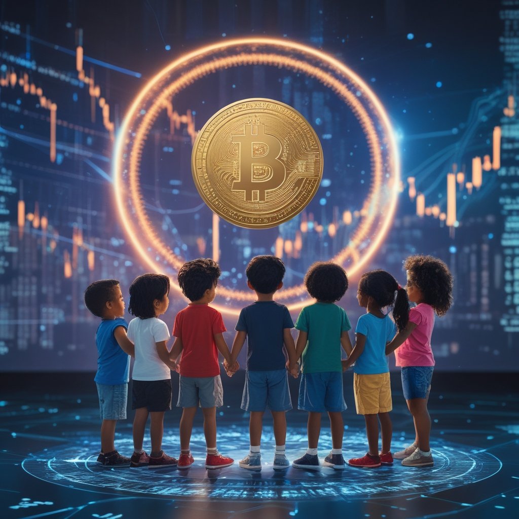 stablecoin legislation: A happy cartoon of a diverse group of kids holding hands around a globe, with a stablecoin floating above them like a friendly star