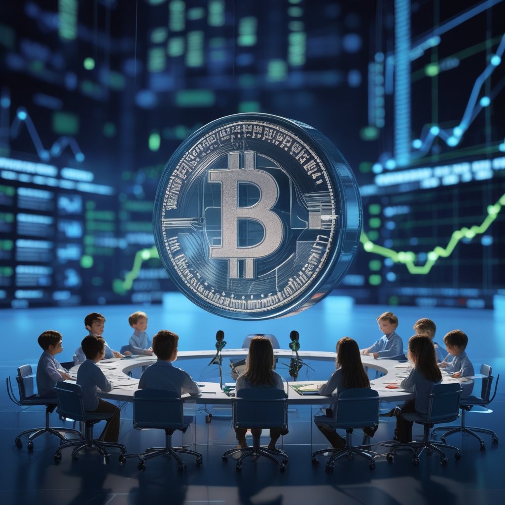 stablecoin legislation: Kids sitting at a big table with toy microphones, pretending to be congress members discussing stablecoins