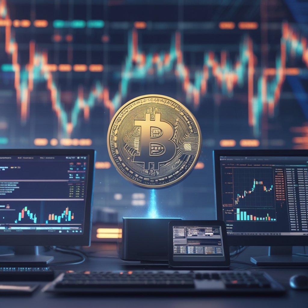 stablecoin settlements: A cartoon marketplace with computers showing digital shares being traded