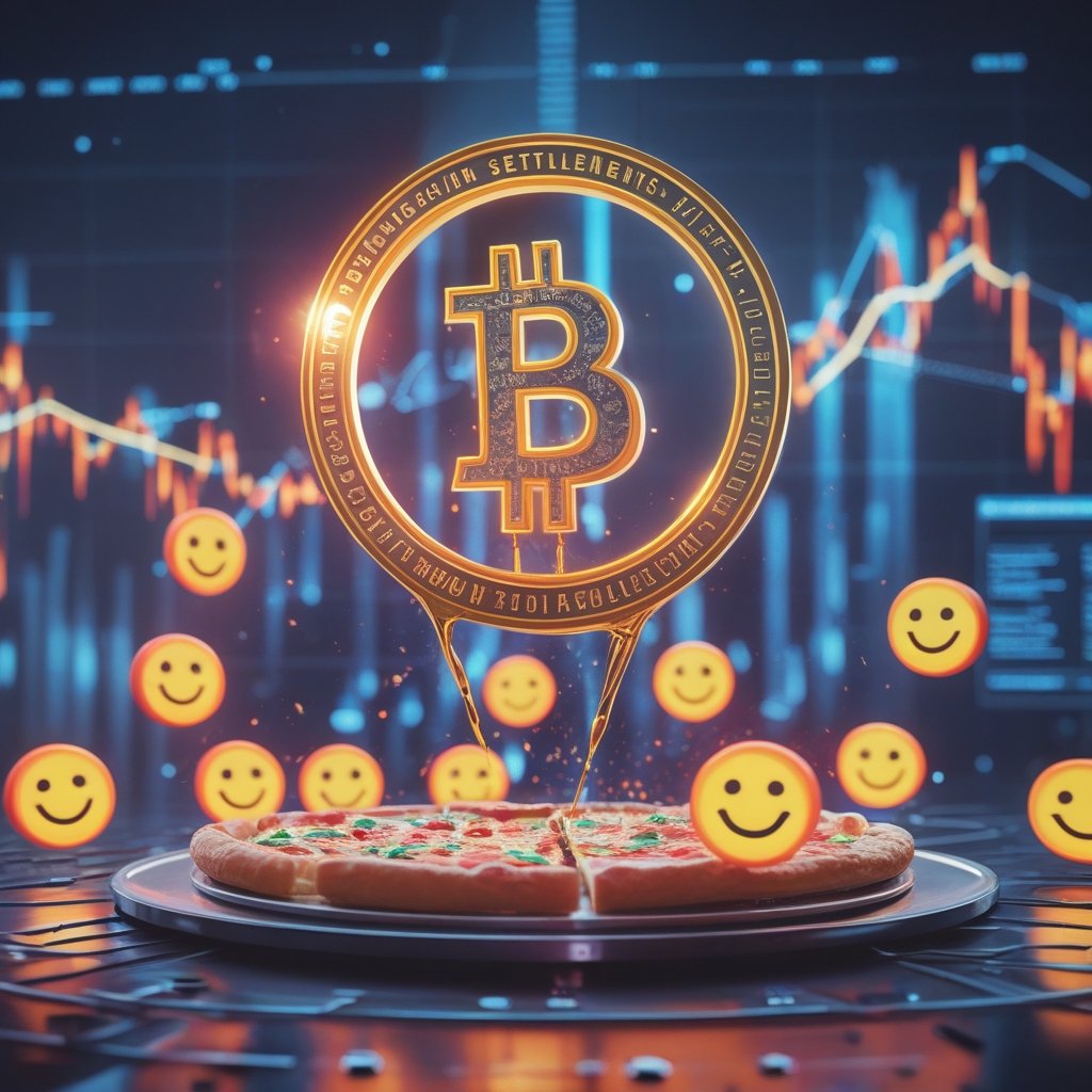 stablecoin settlements: A colorful cartoon showing a pizza being cut into slices with happy faces on each slice