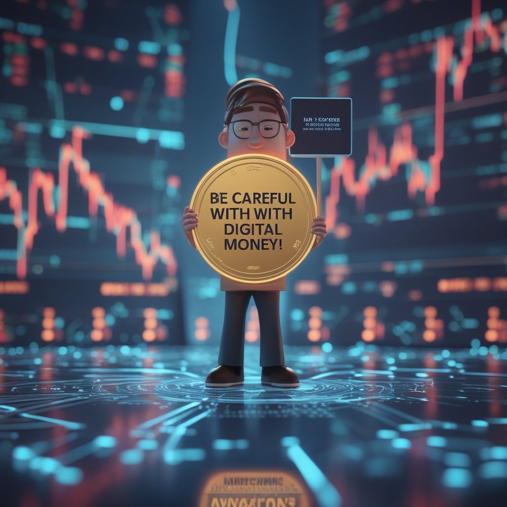 stablecoins: A cartoon character holding a sign that says 'Be careful with digital money!'