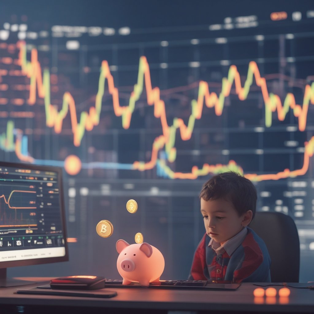 stablecoins: A child holding a piggy bank next to a computer showing digital coins