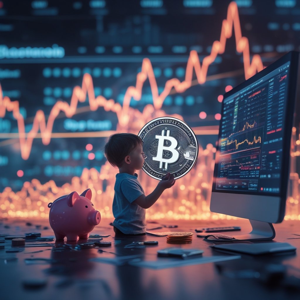 stablecoins: A child holding a piggy bank next to a computer showing digital coins
