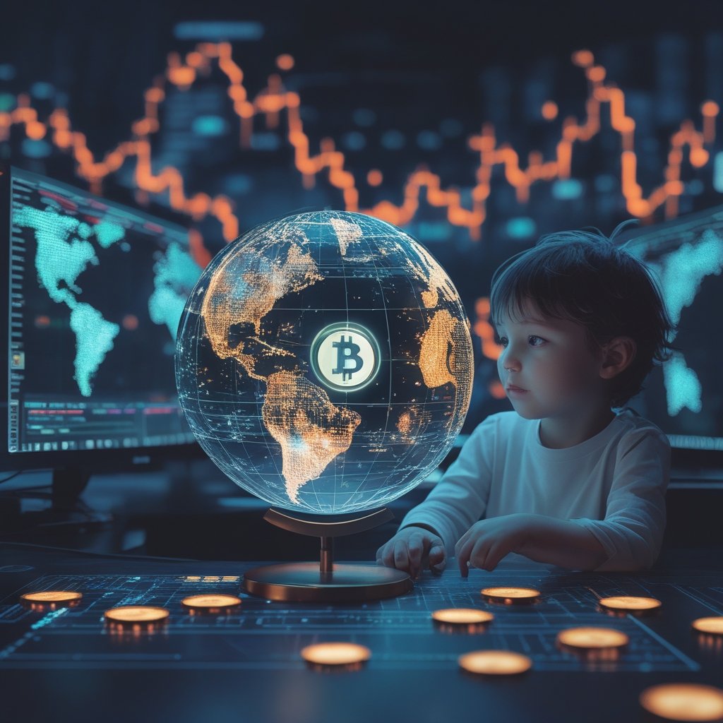 stablecoins: A child looking at a globe with digital coins floating around it