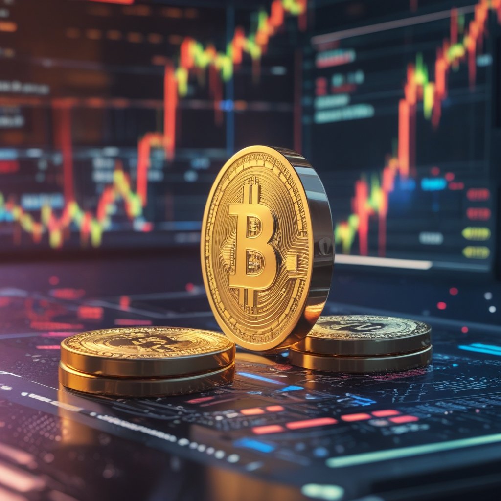 stablecoins: A shiny gold bar next to a digital coin on a screen