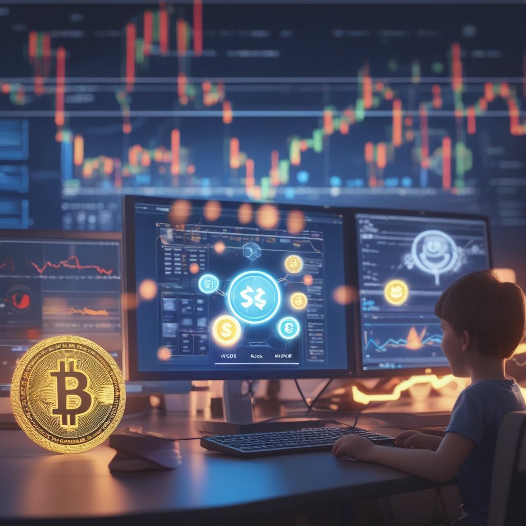 tokenization: A bright, colorful illustration of a child looking at a computer screen showing digital tokens, with a thought bubble showing a happy future with flying coins and smiling faces