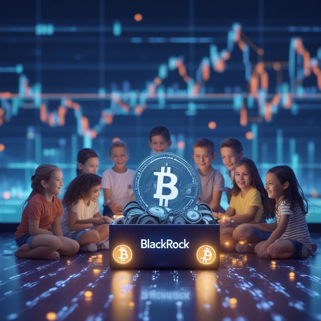 tokenization: A friendly cartoon showing a big toy box full of money with the BlackRock logo, surrounded by smiling children