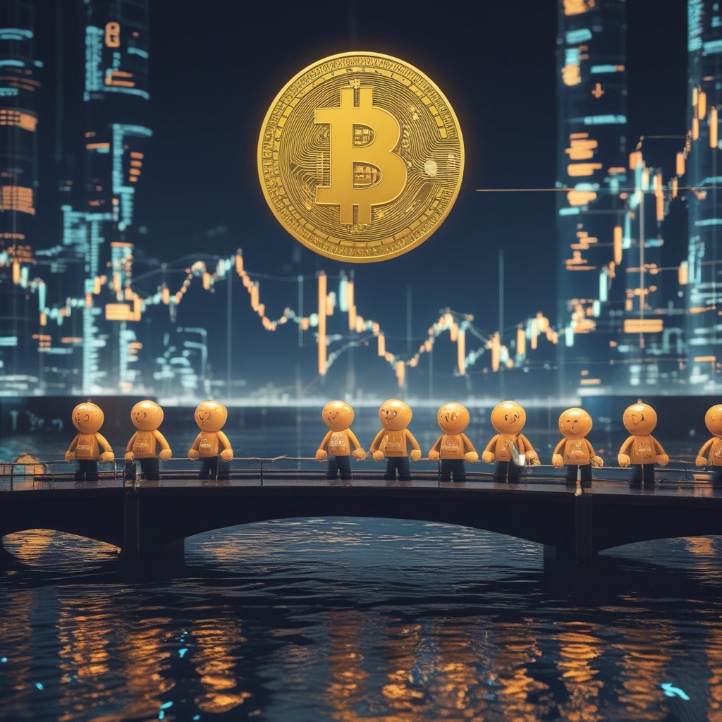 tokenization: A group of friendly cartoon characters building a bridge over a river, with one side labeled 'BlackRock' and the other side labeled 'IMF', showing them working together