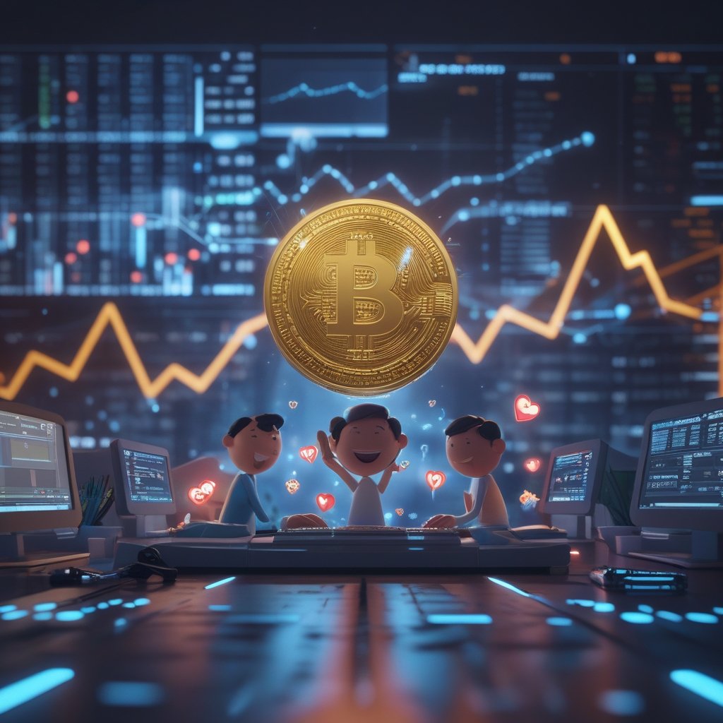 tokenization: A happy cartoon family using computers to send money with hearts and smiles all around