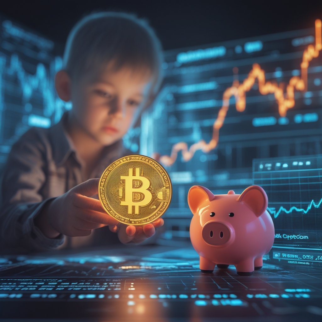 tokenized crypto collateral: A child holding a glowing digital coin next to a piggy bank