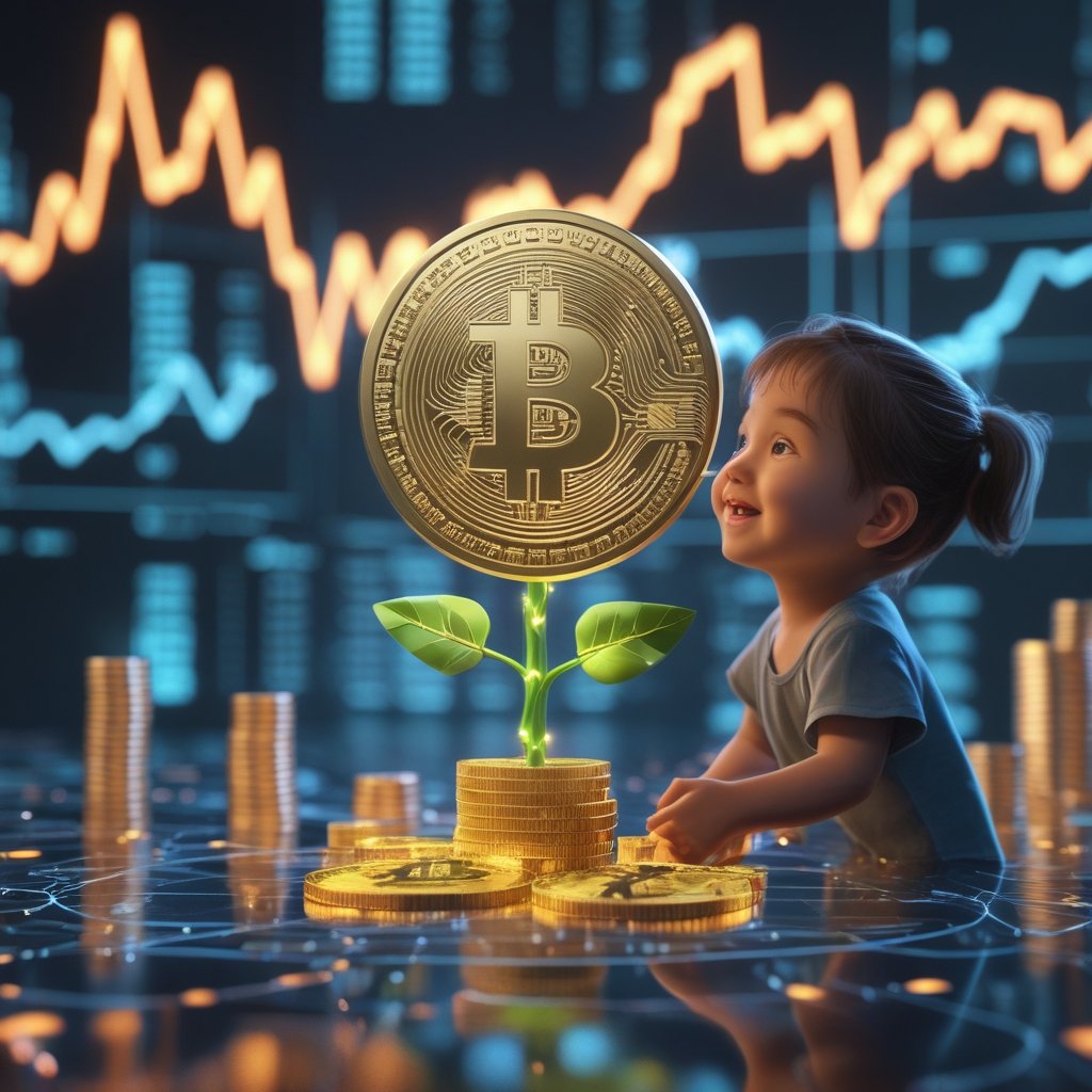 tokenized crypto collateral: A happy cartoon of a child planting a digital money tree that grows coins