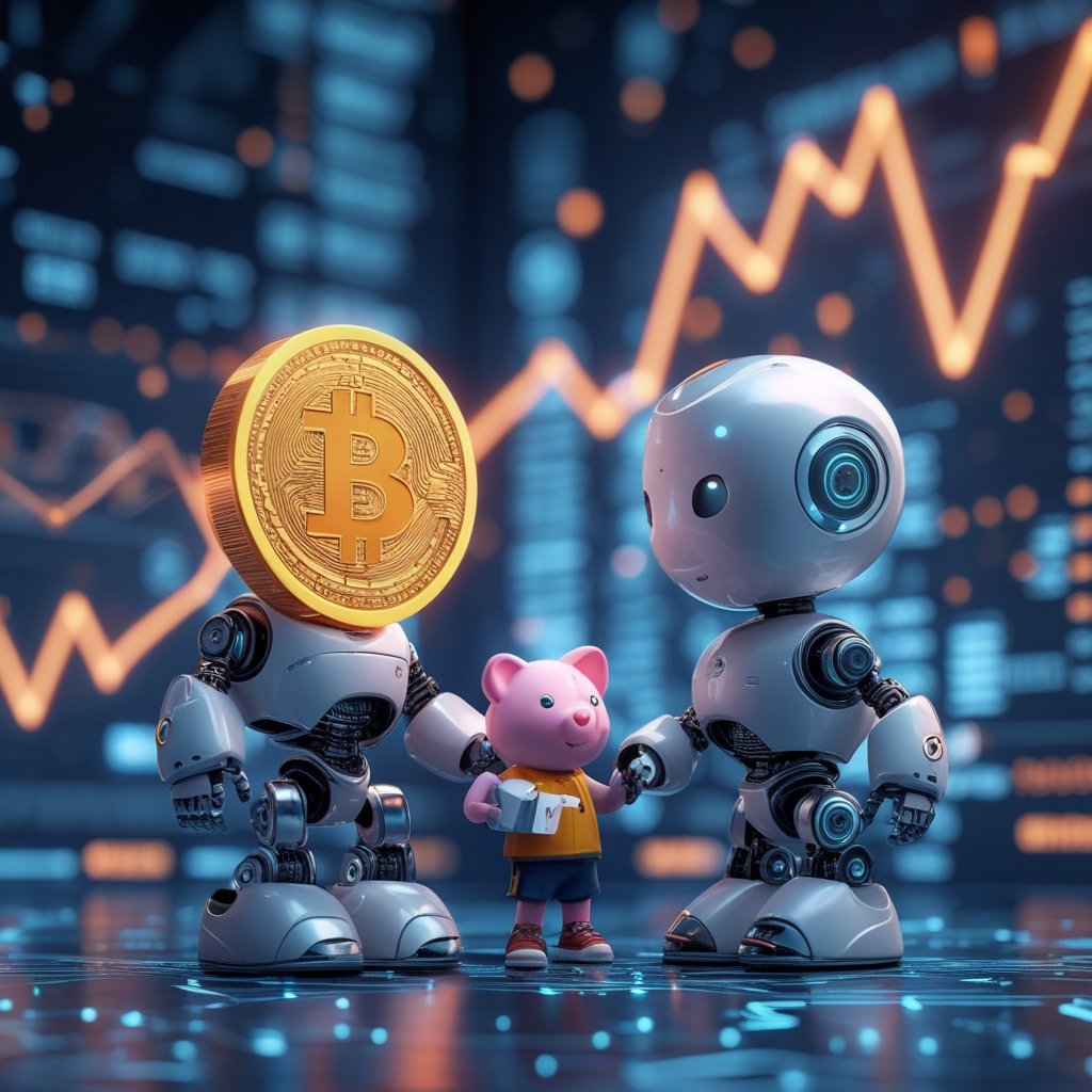 tokenized fund: A cartoon robot helping a child with a digital piggy bank