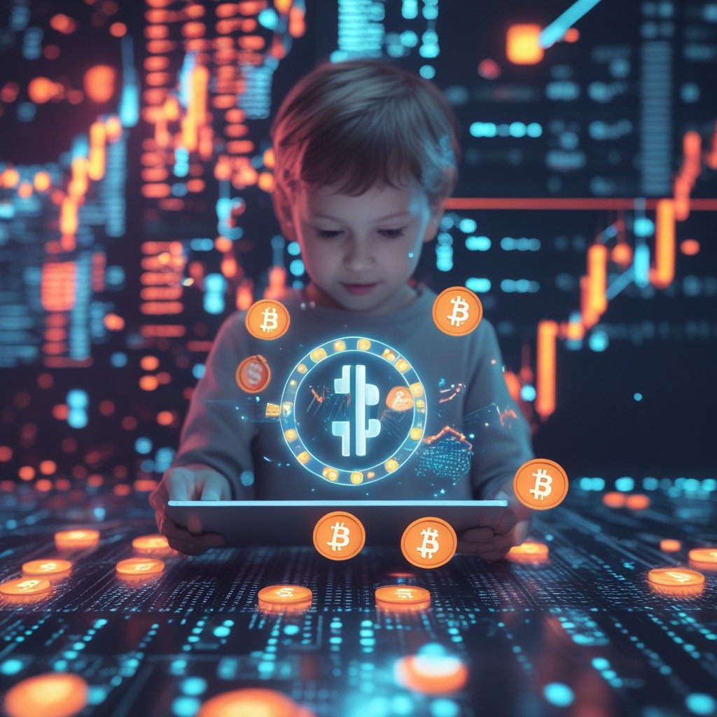 tokenized fund: A child using a tablet with happy cartoon money symbols