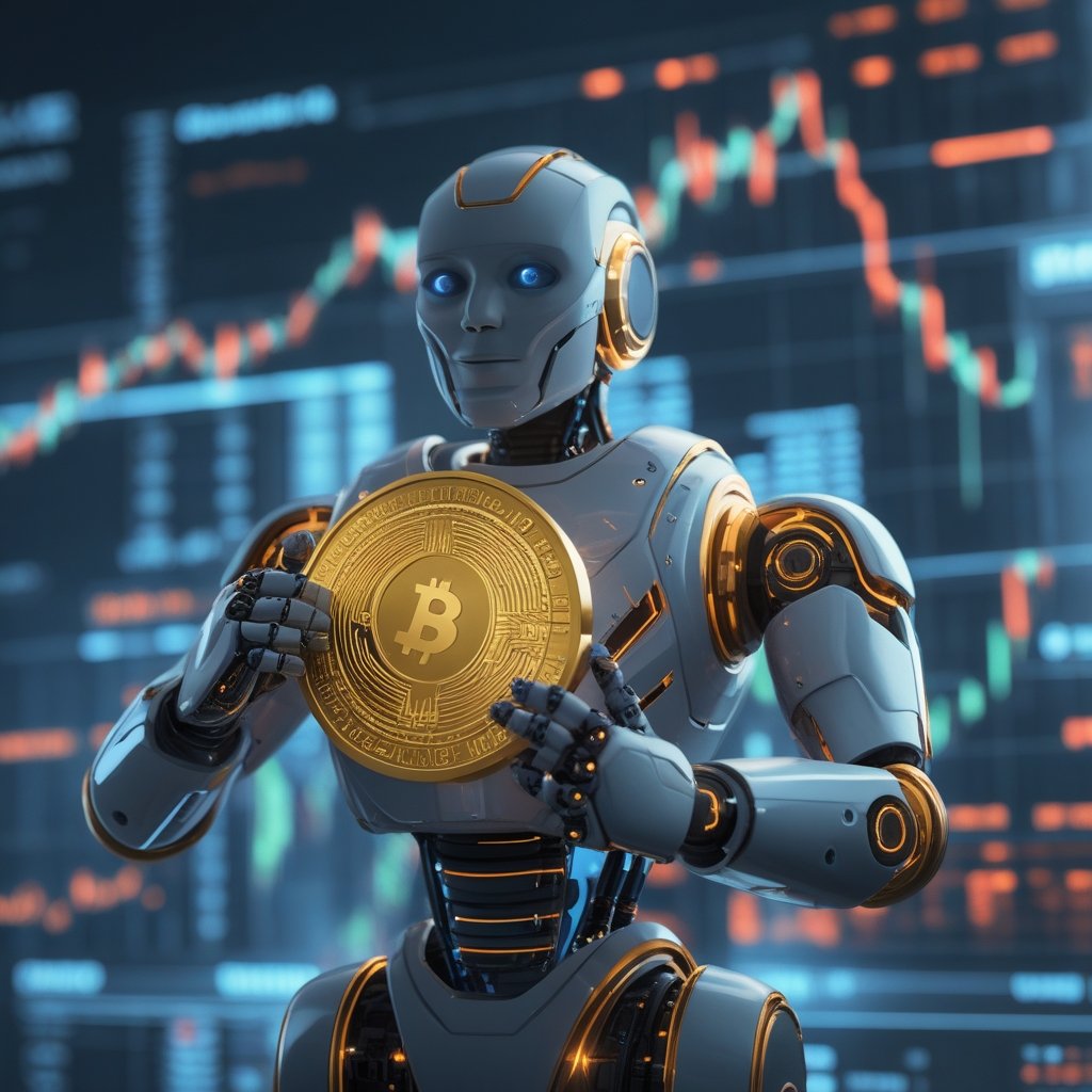 tokenized gold: A friendly robot holding a gold coin, with a shield that says 'safe' around it